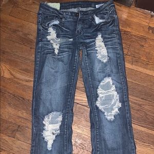 Distressed wide leg denim